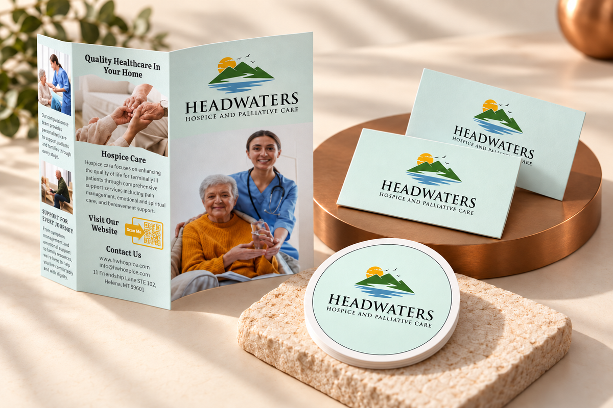 Headwaters three-panel brochure, business cards and round sticker in a coordinated print-design mockup