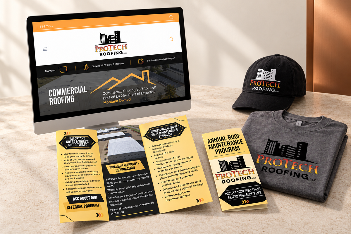 Protech Roofing website, maintenance brochures, shirt and cap in a coordinated studio portfolio mockup